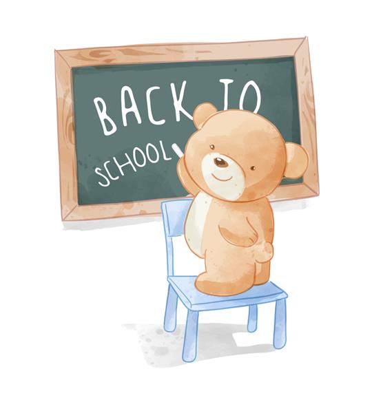 خرس ناز با تصویر تخته مدرسه روی صندلی ایستاده است