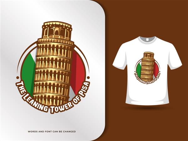 تصویر برج کج نشانه های پیزا و پرچم ایتالیا با الگوی طراحی تی شرت