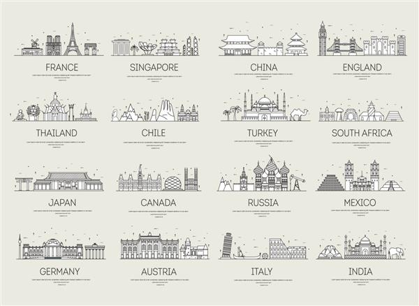 نمادهای خط نازک کشور مکان ها و ویژگی های راهنمای تعطیلات سفر را نشان می دهد