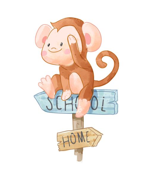 میمون کوچولو روی تابلوی چوب مدرسه نشسته است