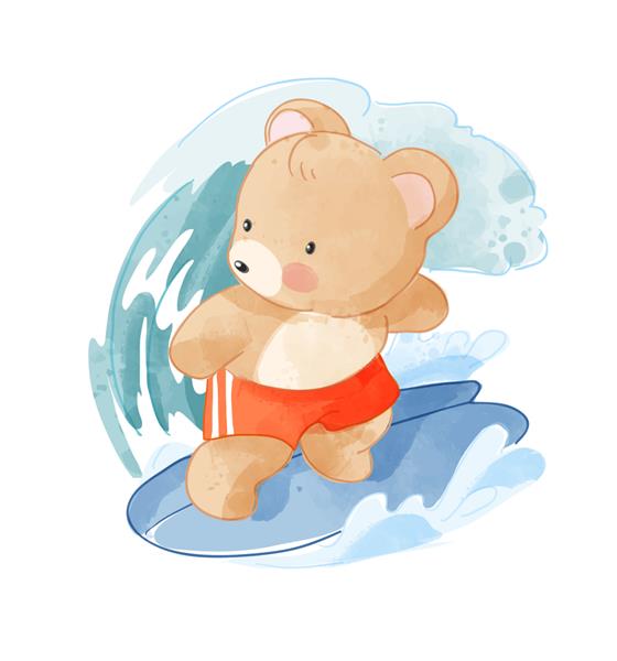 تصویر خرس کارتونی زیبا در حال موج سواری