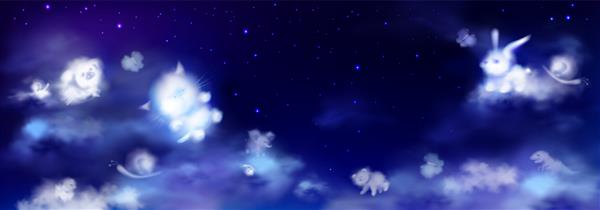 ابرهای سفید به شکل حیوانات زیبا در آسمان شب با ستاره ها