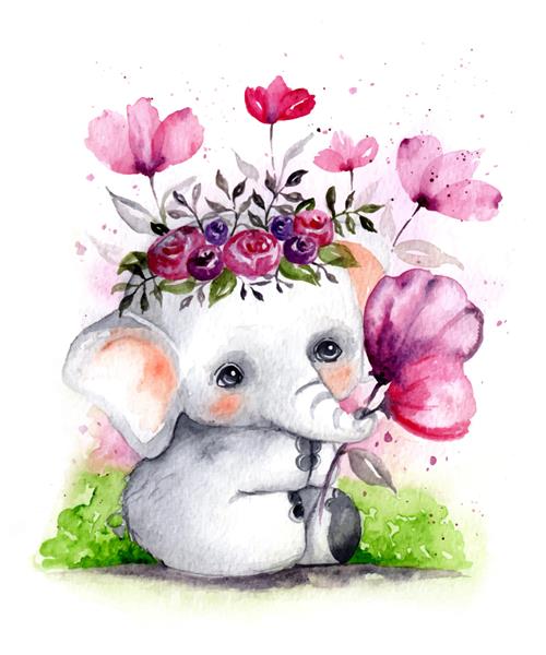 با دست آبرنگ یک بچه فیل واقع بینانه زیبا را با تاج گل بکشید