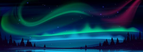 شفق قطبی بر فراز دریاچه شب در آسمان پرستاره نورهای قطبی چشم انداز طبیعی شمال نور درخشان درخشان کمانی رنگین کمانی روشنایی موجی درخشان بالای سطح آب تصویر کارتونی