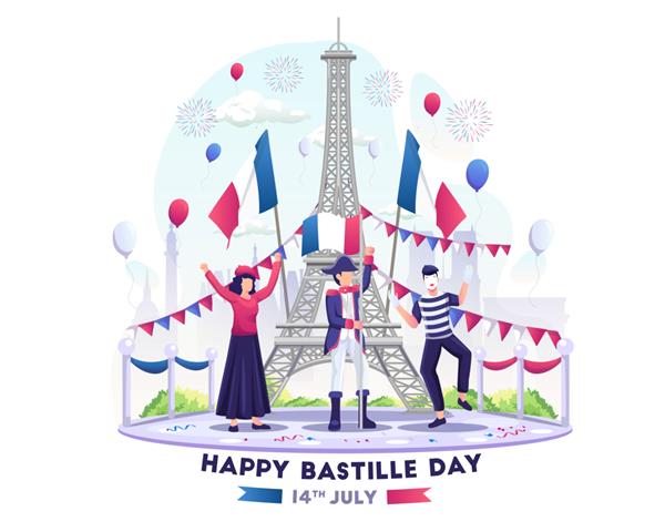 مردم شاد روز باستیل را در 14 ژوئیه روز ملی فرانسه جشن می گیرند