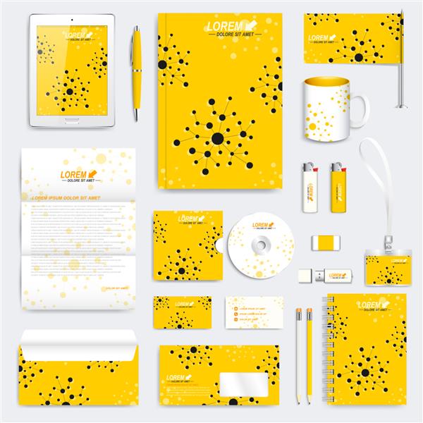 مجموعه زرد وکتور الگوی هویت شرکتی ماکت لوازم التحریر پزشکی مدرن طراحی برندینگ با مولکول مفهوم پزشکی علم فناوری