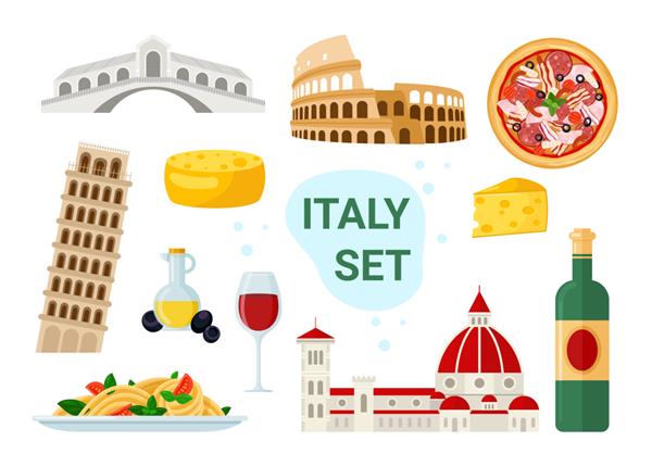 مجموعه تصویر گردشگری ایتالیا کارتونی منوی غذا و نوشیدنی معروف ایتالیایی با اسپاگتی پیتزا