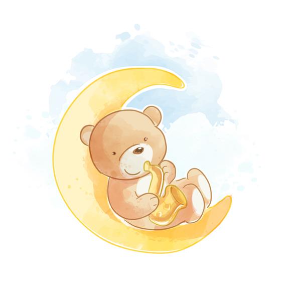 تصویر برداری خرس کارتونی زیبا با ساکسیفون روی ماه