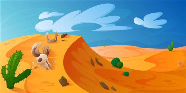 تپه بیابانی با کاکتوس های جمجمه حیوانات شن و ماسه طلایی