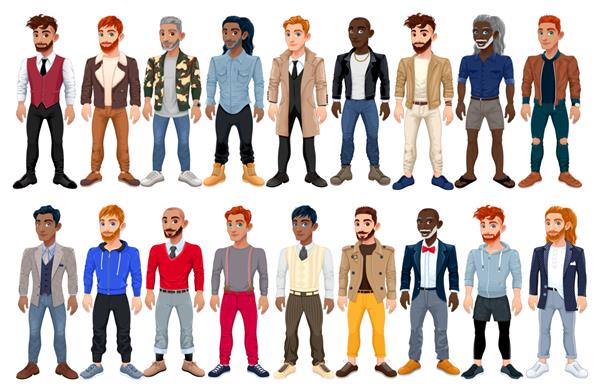 آواتار مد مردانه متنوع وکتور شخصیت های کارتونی با لباس کفش و مدل موی مختلف همه آنها قابل تعویض هستند