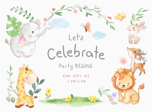 الگوی کارت جشن جشن با تصویر حیوانات زیبا
