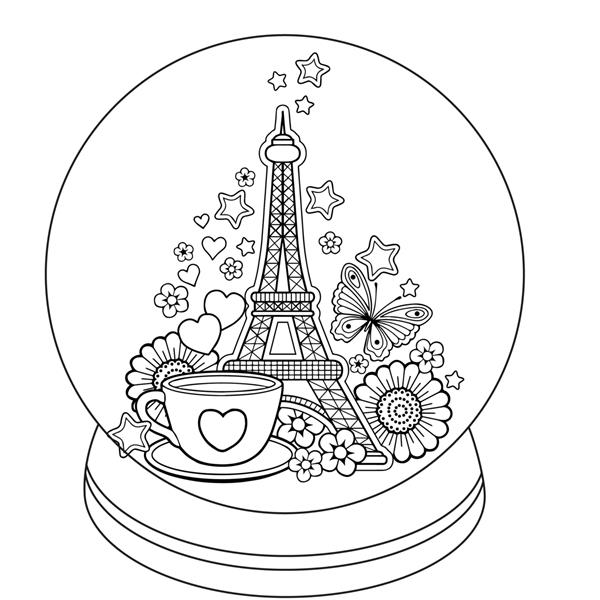 کتاب رنگ آمیزی بزرگسالان کره برفی با خاطرات پاریس یک بطری با برج ایفل مرد شیرینی زنجبیلی کلوچه قهوه و دانه های برف