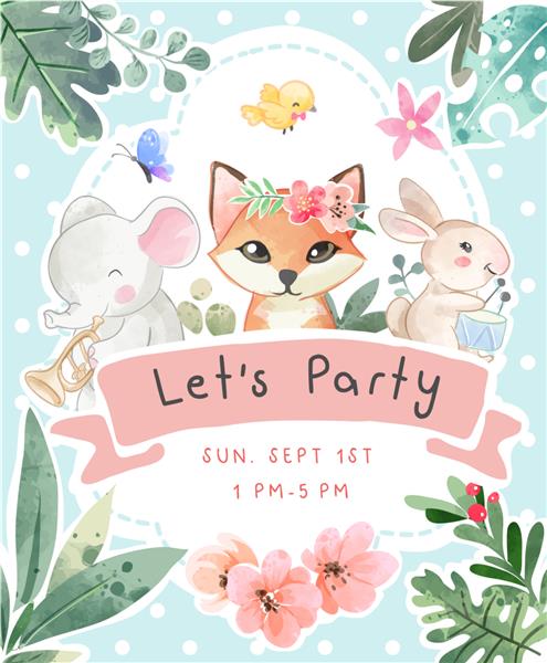 الگوی کارت مهمانی با تصاویر حیوانات زیبا و گل های رنگارنگ