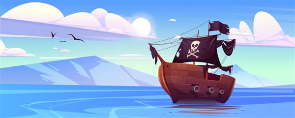 کشتی دزدان دریایی با بادبان های سیاه و پرچم با جمجمه
