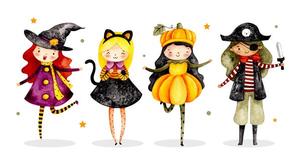 مجموعه آبرنگ از لباس شخصیت های هالووین زیبا