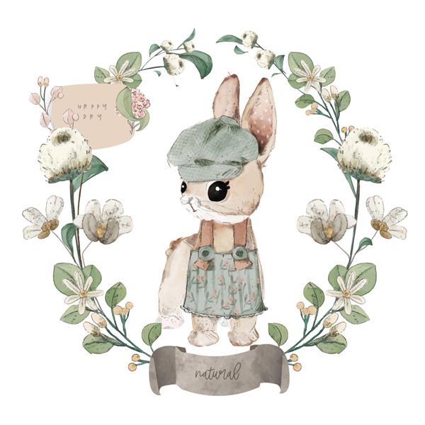 خرگوش آبرنگ گل برگ و مجموعه طراحی شده با دست وحشی طبیعی