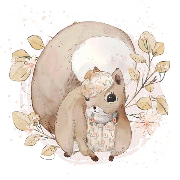 تصویرسازی سنجاب آبرنگ گل برگ ستاره و مجموعه طراحی شده با دست وحشی طبیعی