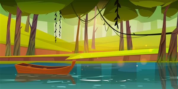 قایق چوبی روی حوضچه یا رودخانه دریاچه جنگلی شناور است