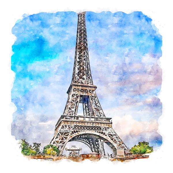 برج ایفل پاریس فرانسه طرح آبرنگ نقاشی دست کشیده