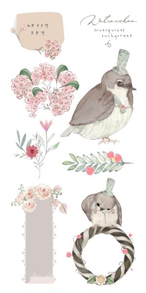 مجموعه تصویری پرنده آبرنگ گل برگ و دست وحشی طبیعی کشیده شده است
