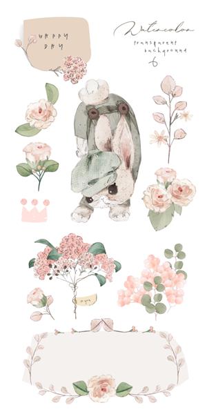 خرگوش آبرنگ گل برگ و مجموعه طراحی شده با دست وحشی طبیعی