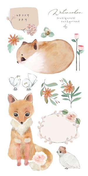 روباه آبرنگ گل برگ و مجموعه طراحی شده با دست وحشی طبیعی