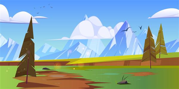 کارتون منظره طبیعت با قله های کوه