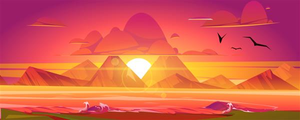 غروب خورشید در اقیانوس آسمان قرمز با خورشید در حال پایین آمدن از دریا که با کوه احاطه شده است پس‌زمینه منظره زیبای طبیعت منظره بهشت ​​غروب مرغانی که بالای آب پرواز می‌کنند تصویر برداری کارتونی