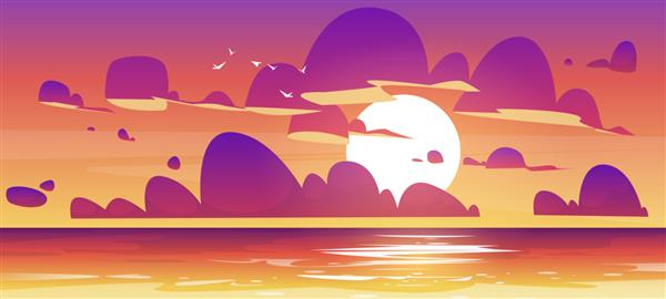 غروب خورشید در پس‌زمینه منظره طبیعت اقیانوسی ابرهای کرکی صورتی و بنفش در آسمان نارنجی با خورشید شی