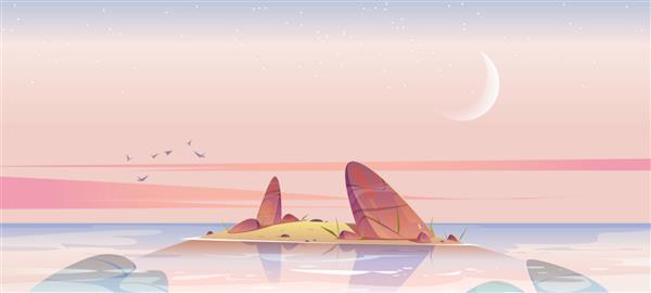 ساحل دریا و جزیره کوچک در آب با سنگ ها در صبحگاهی وکتور منظره کارتونی اقیانوس یا دریاچه