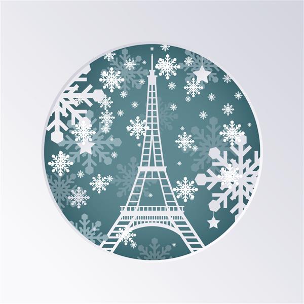 کارت پستال برش کاغذ کریسمس با برج ایفل در پاریس فرانسه تصویر برداری مفهوم سال نو مبارک با دانه های برف