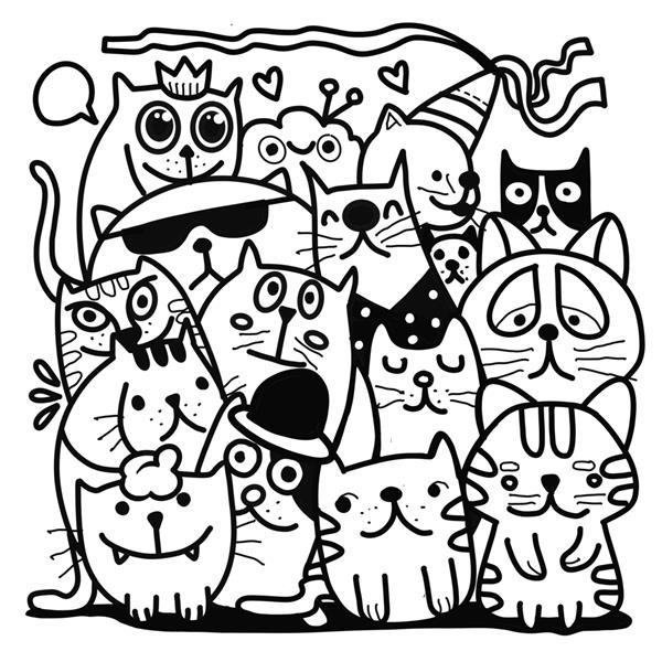تصویر برداری دستی از گروه گربه دودل طراحی ابزار خط تصویرگر