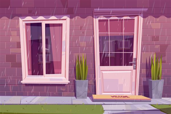 نمای خانه با در بسته پنجره و دیوار آجری در باران وکتور کارتون نمای بیرونی ساختمان جلوی خانه با تشک خوش آمد گویی روی در گیاهان و چمن سبز در هوای بارانی