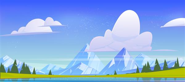 منظره کوهستانی منظره طبیعت با حوضچه آب قله های صخره زمین سبز و درختان مخروطی دریاچه آرام و صنوبر زیر آسمان آبی با ابرهای کرکی پس‌زمینه مناظر کارتونی تصویر وکتور