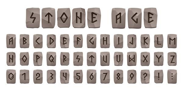 الفبای عصر حجر رونز وایکینگ فونت سلتیک با علائم رونیک باستانی روی قطعات سنگ خاکستری حروف اسکاندیناوی به سبک نوردیک abc اعداد و علائم نقطه گذاری نمادهای نوع فوتارک مجموعه وکتور کارتونی