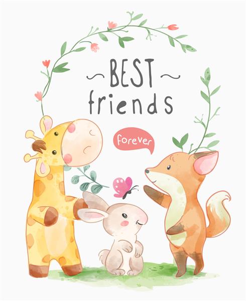 شعار بهترین دوستان با حیوانات زیبا و تصویر قاب دایره برگ