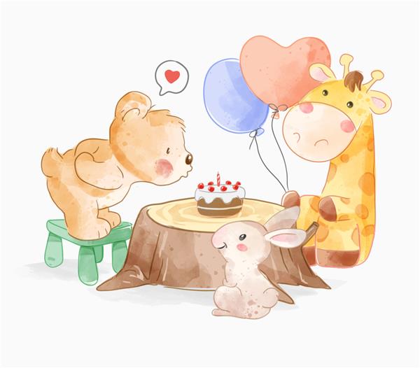 دوستان حیوانات ناز با کیک تولد روی تصویر کنده درخت