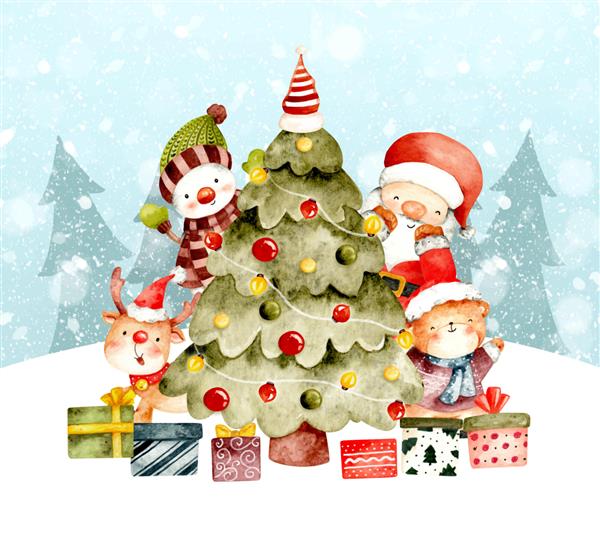 درخت کریسمس آبرنگ و هدایا
