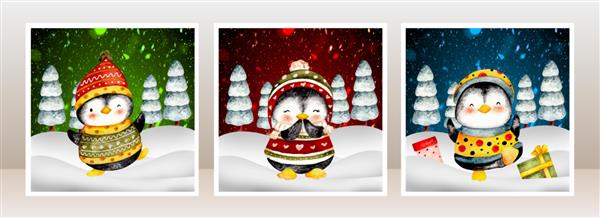 آبرنگ کارت کریسمس پینگوئن در برف