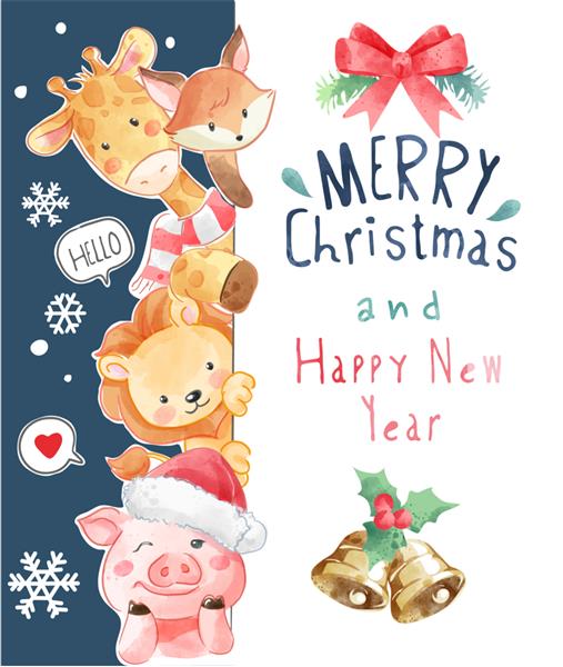 کارت پستال کریسمس با تصویر حیوانات دوستی زیبا