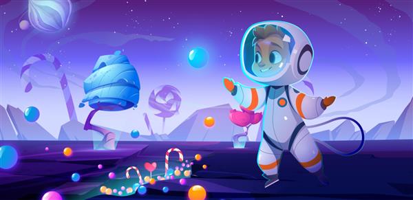 کودک فضانورد ناز در سیاره بیگانه با شیرینی و آب نبات در اطراف جشن تولد جشن تولد در فضا