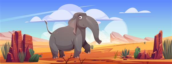پیاده روی خنده دار فیل در منظره صحرا شخصیت کارتونی حیوانات وحشی در پس زمینه طبیعت متروک