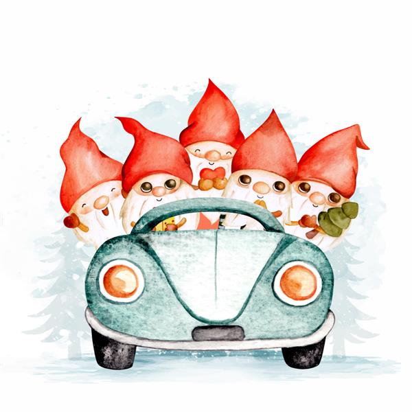 کوتوله های کریسمس آبرنگ سوار ماشین