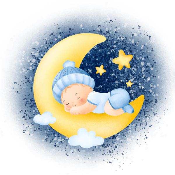 پسر بچه آبرنگ خوابیده روی ماه