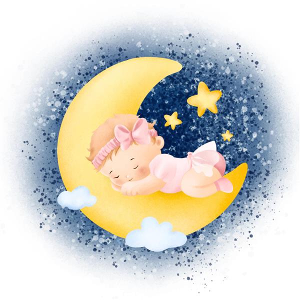 دختر بچه آبرنگ خوابیده روی ماه