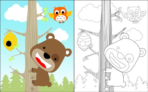 کارتون خرس زیبا در حال بالا رفتن از درخت برای عسل شیرین