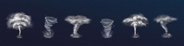 مجموعه ای از گرداب های گردباد واقعی انواع مختلف چرخش با ابرها و خرده های در حال پرواز