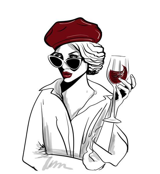 زن کلاه قرمز با لیوان شراب