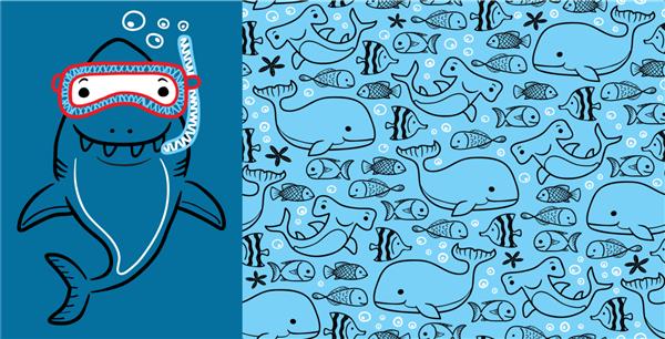 کارتون کوسه با حیوانات دریایی روی الگوی بدون درز