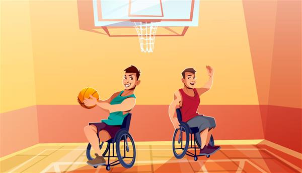 دو مرد معلول روی ویلچر در حال بازی کارتونی بسکتبال فعالیت بدنی توانبخشی